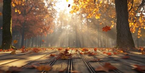Wall Mural - autumn background with wood and leaves for product presentation, a beautiful autumn forest in the mo