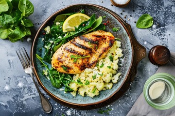 Poster - A serene image of a low-carb dinner. featuring grilled chicken, cauliflower rice, and sautéed spinach. emphasizing low-carb, nutritious eating. Ideal for low-carb guides