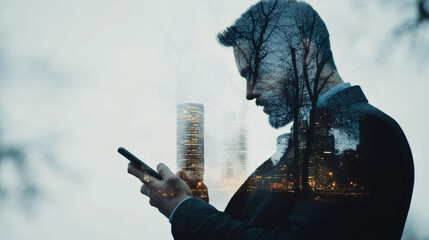 Canvas Print - Businessman using smartphone with double exposure city skyline and trees, concept of connection and smart working