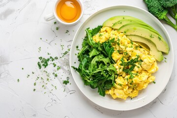 Poster - A serene image of a whole30 breakfast. featuring scrambled eggs, avocado, and sautéed greens. emphasizing clean eating and unprocessed foods. Ideal for whole30 guides