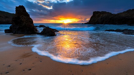 Wall Mural - A beautiful sunset over the ocean with a rocky shoreline