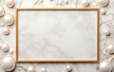 Wall Mural - A chic, minimalist design featuring a gold frame on a marble background, surrounded by elegant pearls, perfect for showcasing art or photography.