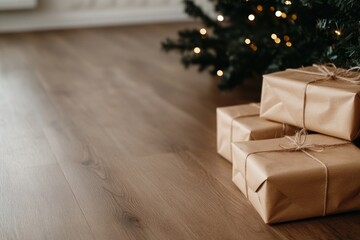 Wall Mural - Christmas gifts wrapped in brown paper lying under decorated christmas tree