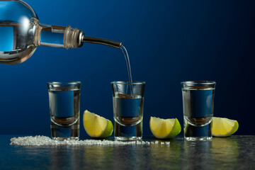 Wall Mural - Tequila with lime and salt on a stone table.