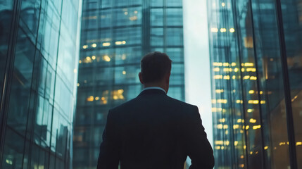 Canvas Print - Businessman walking towards modern office buildings in a business district, representing ambition, success and corporate lifestyle