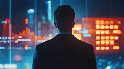 Poster - Businessman analyzing futuristic holographic data while gazing at a vibrant city skyline illuminated by night lights