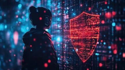 Wall Mural -  A transparent digital shield icon overlays the silhouette of a person in front of a server rack, illuminated by the futuristic glow of server lights.