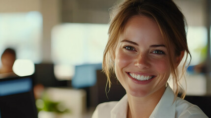 Poster - Portrait of a smiling businesswoman working in a modern office, representing female leadership and success in the corporate world