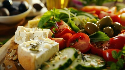 Wall Mural - A traditional Mediterranean breakfast. with fresh vegetables, cheese, olives, and whole grain bread. highlighting the variety and nutrition of Mediterranean diets. ideal for breakfast and health blogs