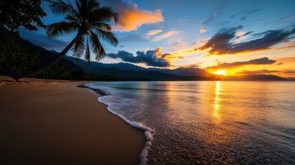 Wall Mural - A beautiful sunset over the ocean with a palm tree in the background