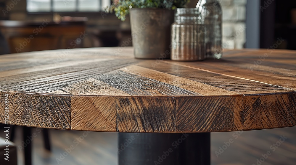 Timber Rounds Tabletop A rustic round tabletop crafted by hand highlights weathered wood and ...