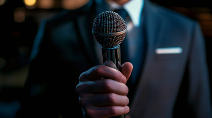 Canvas Print - Businessman holding a microphone while delivering a speech at a conference, engaging the audience with powerful communication and expression