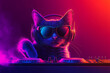 © Noufaldi - A cool cat DJ mixes music with headphones and sunglasses in a vibrant, colorful setting.