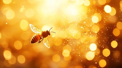 Canvas Print - Honeybee in flight, golden bokeh background.