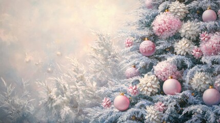 Wall Mural - beautiful christmas tree adorned with pink and white ornaments, capturing the serene and festive spi