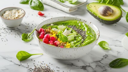 Wall Mural - A vegan smoothie bowl. on a marble countertop. highlighting the vibrant and colorful ingredients of vegan diets. Ideal for health food promotions