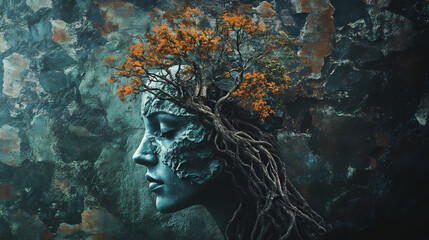 Wall Mural - Dark fantasy portrait of woman with tree growing out of head - mystical, surreal, nature, woman, tree, roots, stone, orange, blue, green, abstract, spiritual, dark, etherea. Etherea. Illustration