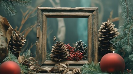 Sticker - Rustic wooden frame surrounded by holiday decorations with pine cones, red ornaments, and greenery for a festive atmosphere