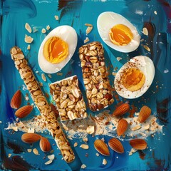 Poster - A vibrant depiction of a high-protein snack. featuring boiled eggs, nuts, and protein bars. promoting muscle building and satiety. Ideal for fitness blogs