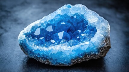 Poster - Blue calcite crystal geode revealing stunning internal formations against a dark background showcasing mineral beauty and geological contrasts