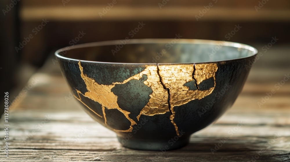 Kintsugi bowl. Gold cracks restoration on old Japanese pottery restored ...
