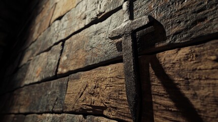 Wall Mural - Iron nail embedded in rustic wooden wall showcasing texture and craftsmanship in a dimly lit setting.