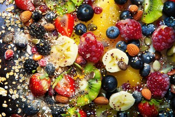 Wall Mural - A vibrant depiction of a raw food breakfast. featuring uncooked fruits, nuts, and seeds. promoting natural and unprocessed eating. Ideal for raw food guides