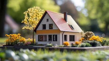 Sticker - Model house surrounded by vibrant flowers and greenery showcasing intricate details against a blurred natural background.