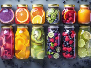 Wall Mural - A vibrant display of different smoothie flavors in glass jars. featuring a variety of colorful fruits and vegetables. showcasing the benefits of a smoothie diet. Ideal for detox programs