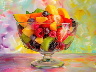 Poster - A vibrant fruit salad in a glass bowl with a variety of fruits. featuring a rainbow of colors. showcasing the importance of a varied diet. Ideal for nutrition education