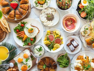 Wall Mural - A vibrant gluten-free brunch spread. on a stylish table. showcasing a variety of delicious and safe meal options. Ideal for brunch menus and gluten-free lifestyle promotions