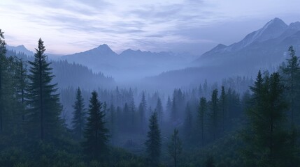  Misty morning landscape in a serene mountain forest with evergreen trees and distant peaks under a tranquil sky