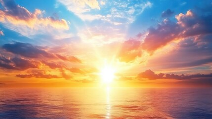 Wall Mural - vibrant sunset over tranquil sea with colorful clouds and reflection in golden hour sky