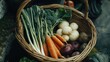 © AbstractAI - Assorted fresh vegetables including carrots, broccoli, and turnips displayed in a woven basket on a rustic background