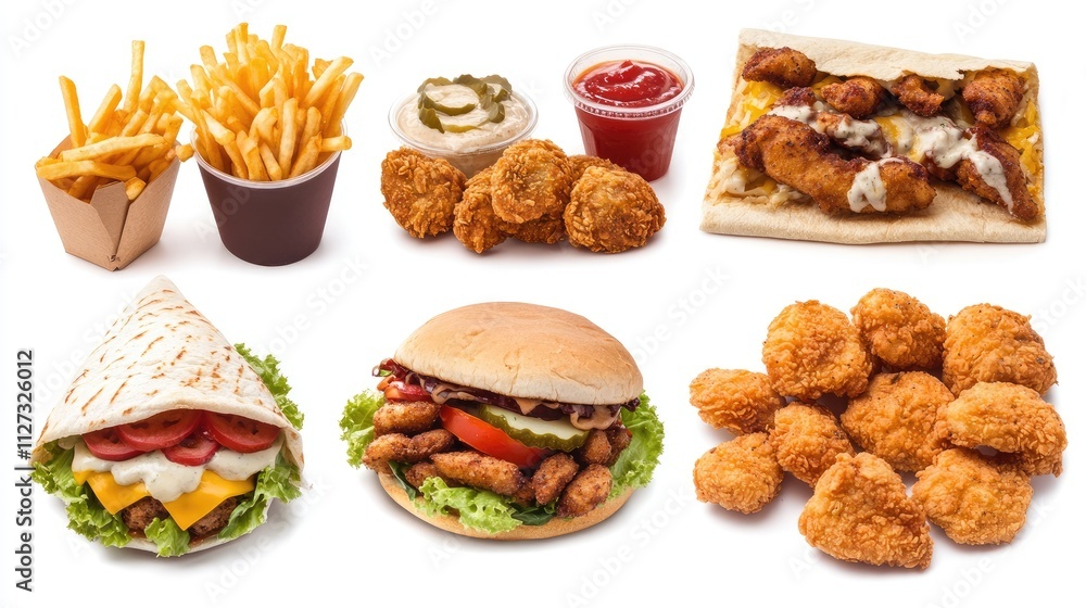 Delicious fast food assortment including chicken wings wraps burgers ...