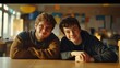 © Johannes - Young man with Down syndrome and his tutor with arms around looking at camera indoors at school