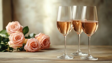 Wall Mural - Honeymoon sparkling wine glasses with pink roses on rustic wooden table setting romantic atmosphere with space for text or message