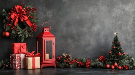 Wall Mural - Scandinavian style Christmas decoration featuring gift boxes red lantern small trees and flower wreath on a textured gray background