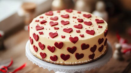 Canvas Print - Delicious homemade cake adorned with red heart-shaped decorations perfect for celebrations and special occasions.