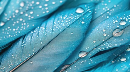 Wall Mural - turquoise feathers with water droplets in selective focus showcasing texture and vibrancy for nature