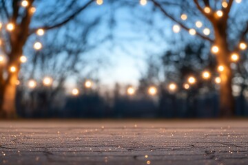 Canvas Print - Evening scene with glowing lights strung between trees.