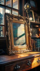 Poster - A vintage ornate frame holding a painting, illuminated by soft light in a cozy room.