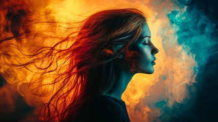 Canvas Print - Ethereal portrait of woman surrounded by flames and smoke