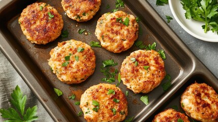 Poster - Savory chicken and potato croquettes garnished with fresh herbs on a baking tray ready for serving