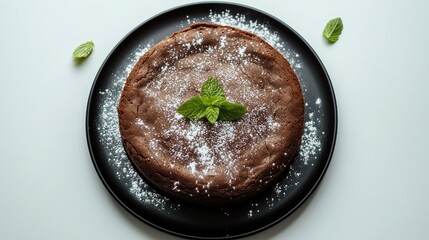 Canvas Print - Flourless Chocolate Cake on Black Plate with Mint Garnish and Powdered Sugar on White Background Delicious Dessert Concept