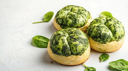 Wall Mural - Rustic homemade nettle and spinach buns displayed on a white background with fresh spinach leaves for a healthy culinary concept