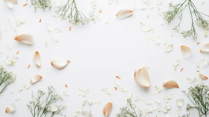 Poster - Garlic cloves and Allium flowers arranged beautifully on a white background for culinary or botanical purposes