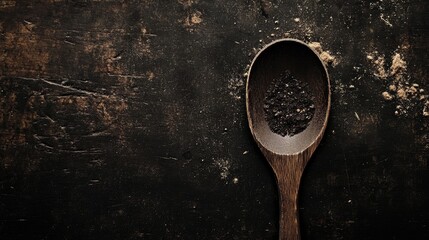 Canvas Print - Wooden spoon with spices on dark textured background for culinary or kitchen themed advertisements and artwork.