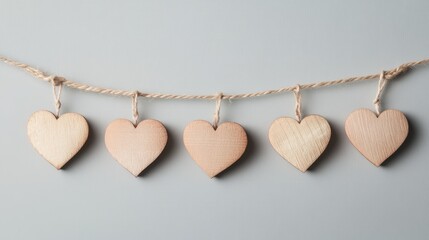 Wall Mural - Wooden heart decorations strung on twine for Valentine's Day celebration and romantic home decor showcasing love and creativity