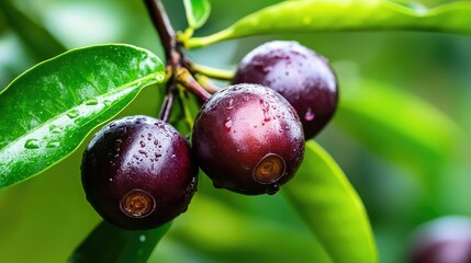 Wall Mural - Fresh Acai Berries on Branch Surrounded by Vibrant Green Leaves with Raindrops Glistening in Natural Light